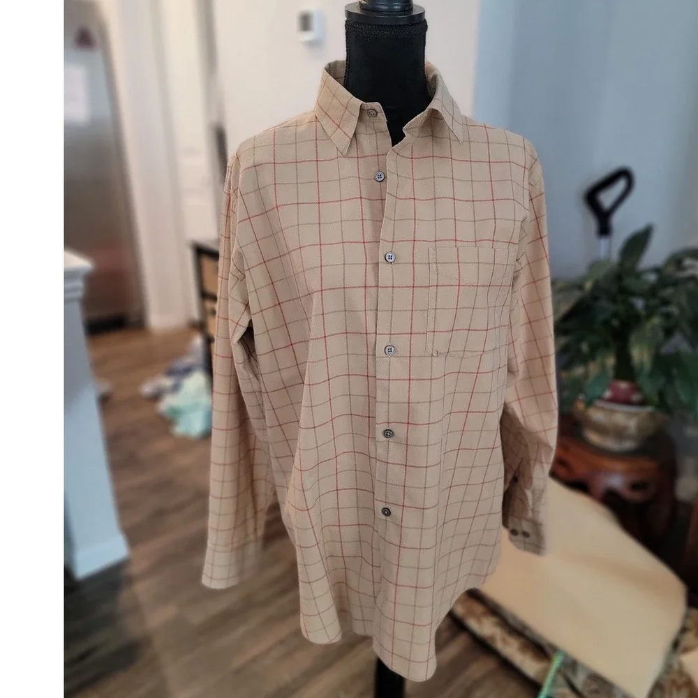 Banana Republic Mens Tan Red Windowpane Plaid Button Down Shirt Size M